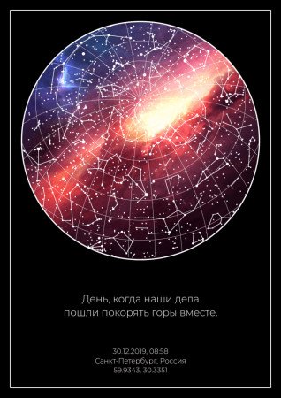 Яркий и лаконичный дизайн для карты звёздного неба в самый важный день