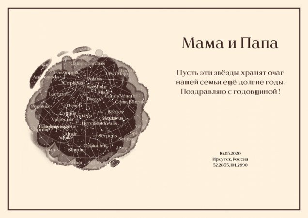 Не знаете что подарить родителям на годовщину свадьбы? Карта звёздного неба с  датой их бракосочетания это подарок, наполненный вниманием и теплом.